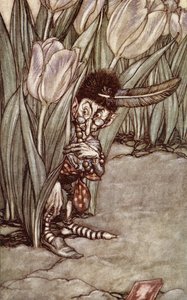 "Quando ele ouviu a voz de Peter, ele apareceu em alarme por trás de uma tulipa", de "Peter Pan em Kensington Gardens", de JM Barrie (1860-1937), publicado em 1910 de Arthur Rackham